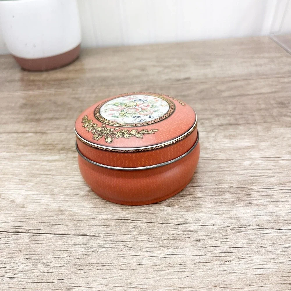Vintage Pink Floral Tin, Gold Metal Storage Tin Made in England